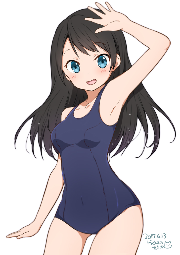 1girl, :d, arm_up, armpits, bangs, black_hair, blue_eyes, blush, breasts, collarbone, eyebrows_visible_through_hair, long_hair, looking_at_viewer, medium_breasts, open_mouth, original, ragho_no_erika, school_swimsuit, simple_background, smile, solo, standing, sukurizo!, swimsuit, tsubakiyama_sou