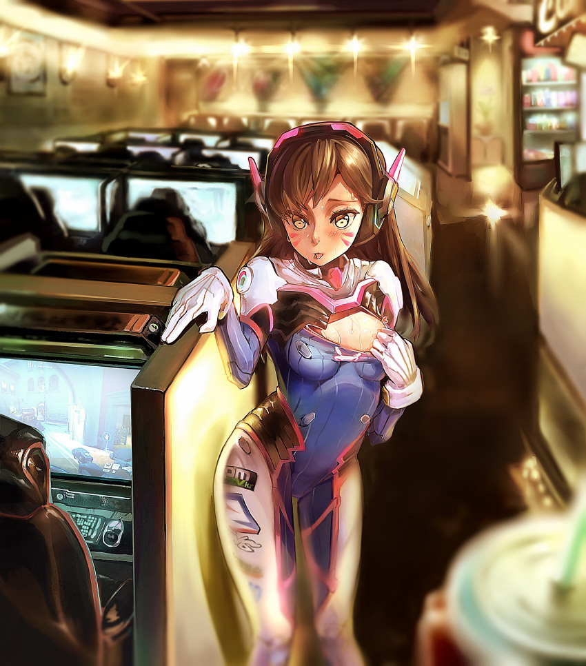1girl, :p, absurdres, bangs, blurry, blush, bodysuit, breasts, brown_eyes, brown_hair, commentary, contrapposto, cowboy_shot, d.va_(overwatch), depth_of_field, donguru, facial_mark, gloves, headphones, highres, hot, internet_cafe, long_hair, looking_at_viewer, medium_breasts, meta, monitor, overwatch, pilot_suit, pov, revision, smile, solo, standing, sweat, sweating, swept_bangs, tongue, tongue_out, whisker_markings, white_gloves