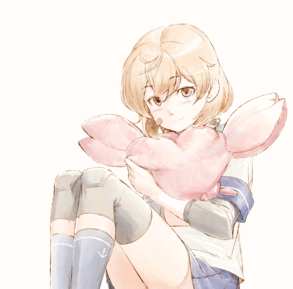 10s, 1girl, ankle_socks, bandaid, bandaid_on_face, beige_background, black_legwear, blue_legwear