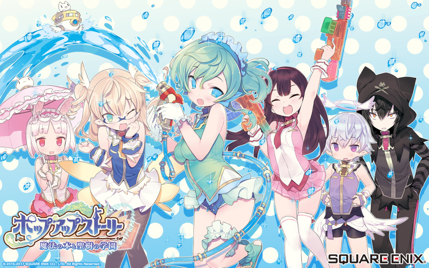 2boys, 4girls, :3, angel, angel_wings, animal_ears, animal_hood, aqua_hair