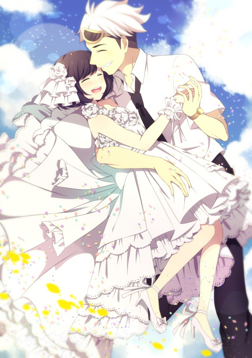 1boy, 1girl, ^_^, bare_shoulders, black_hair, black_necktie, blue_sky, blush