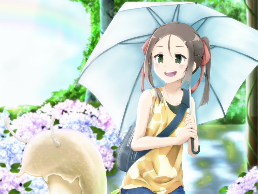 1girl, bare_arms, bare_shoulders, blurry, blush, brown_hair, collarbone, commentary_request