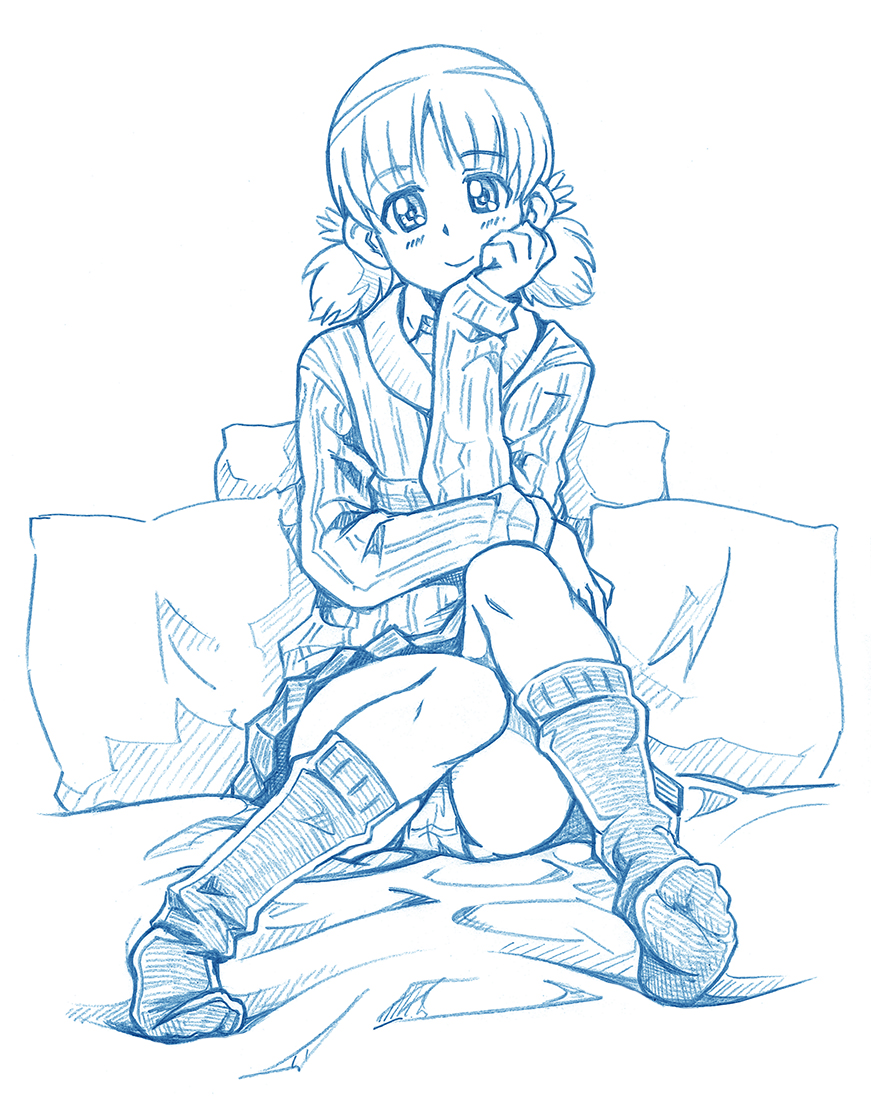 1girl, aki_(girls_und_panzer), bbb_(friskuser), commentary_request, elbow_rest, eyebrows_visible_through_hair, girls_und_panzer, greyscale
