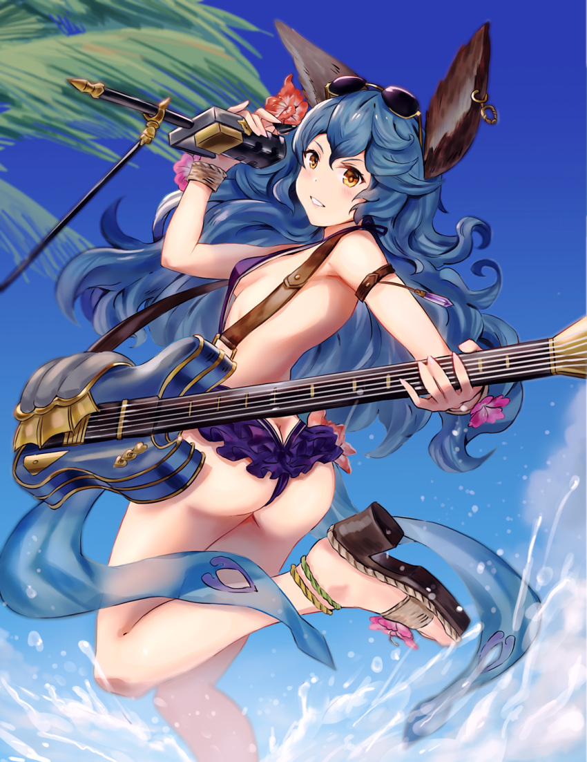 1girl, animal_ears, ass, blue_hair, blush, butt_crack, chiwa_(tsugumisky), ferry_(granblue_fantasy)
