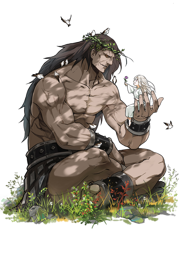 1boy, 1girl, animal, animal_on_head, berserker, bird, bird_on_head, brown_hair