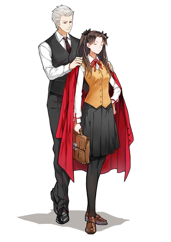 1boy, 1girl, archer, bag, black_legwear, bow, brown_hair, closed_eyes