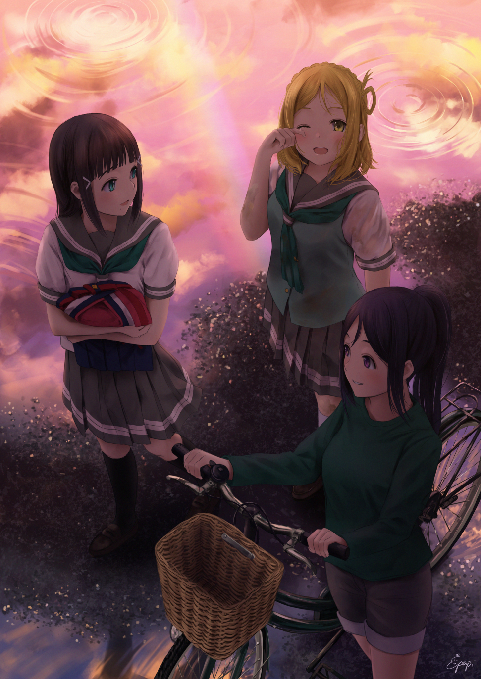 3girls, after_rain, aqua_neckerchief, bangs, basket, bicycle, bicycle_basket, black_hair