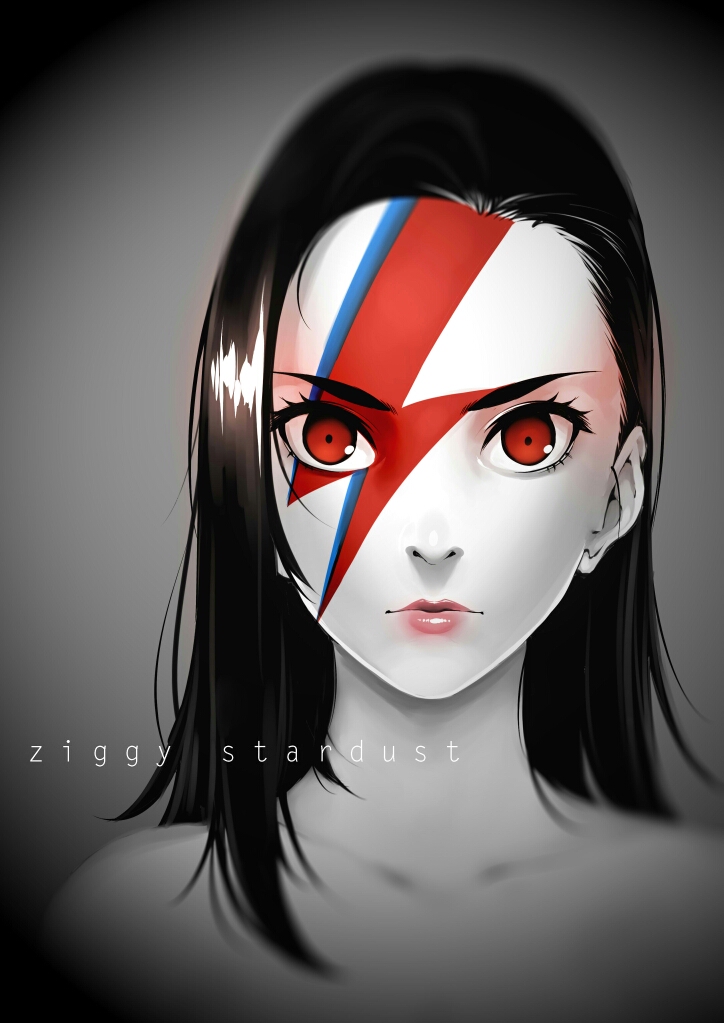 1girl, black_hair, commentary, david_bowie, forehead, lightning_bolt, lipstick, long_hair
