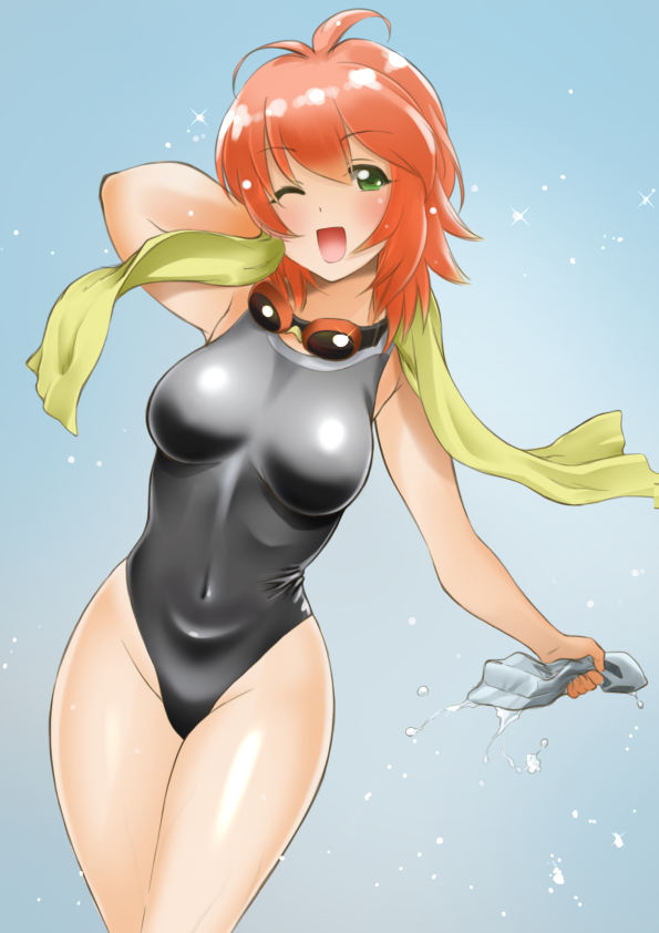 1girl, chaborin, competition_swimsuit, covered_navel, cowboy_shot, goggles, goggles_around_neck, gradient