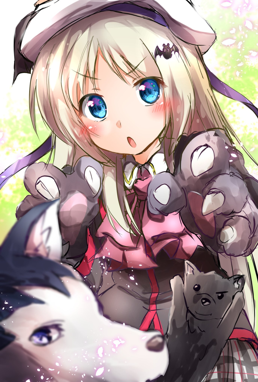 1girl, bat_hair_ornament, belka, blue_eyes, bow, ca2la, cape, dog