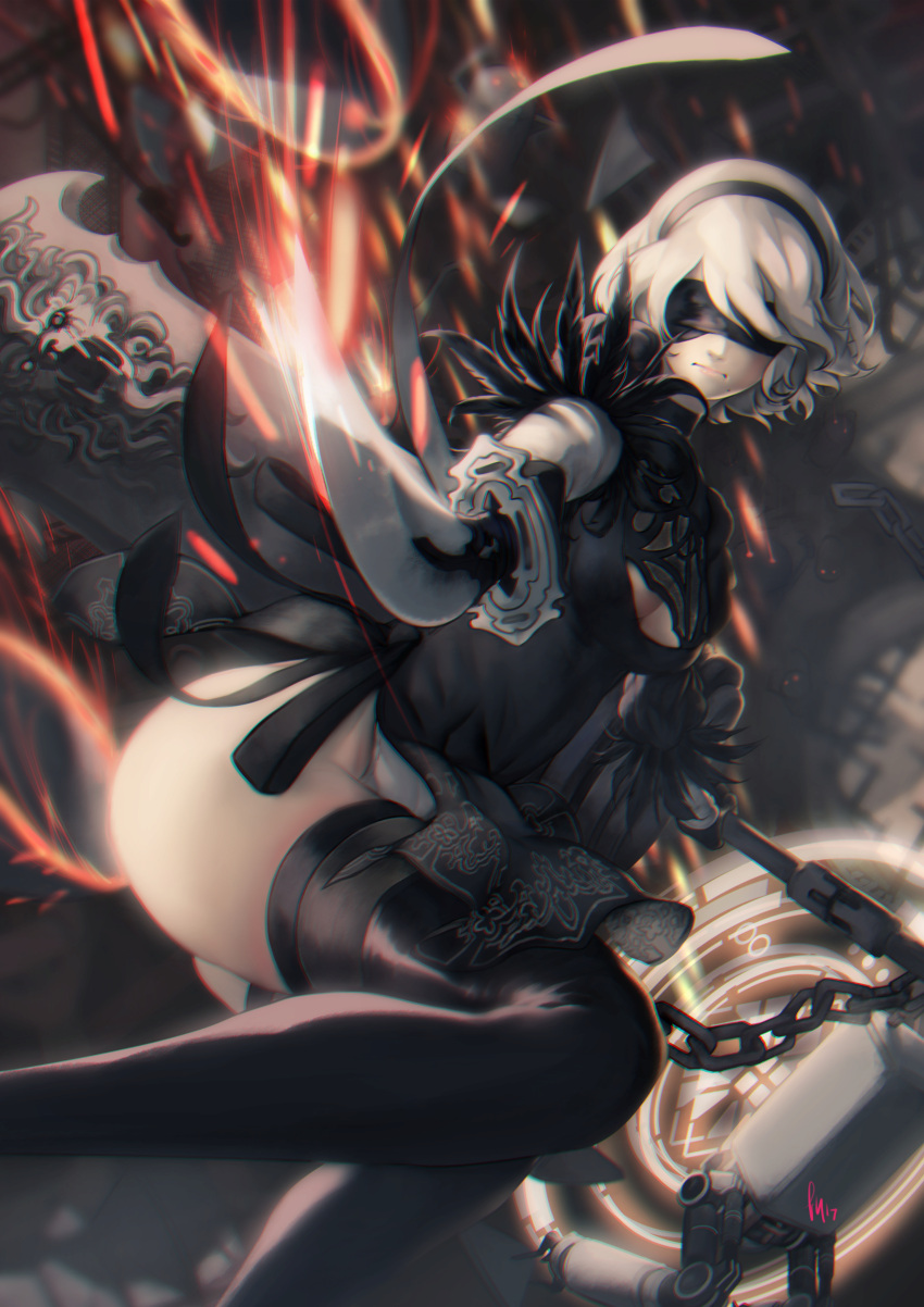 1girl, absurdres, artist_name, ass, black_boots, black_dress, black_gloves, black_hairband, black_legwear, black_ribbon, blindfold, boots, breasts, broadsword, chains, cleavage, cleavage_cutout, closed_mouth, covered_eyes, covered_navel, dress, drone, edward_tsang, feather-trimmed_sleeves, feather_trim, floating, foreshortening, gloves, greatsword, hairband, highleg, highleg_leotard, highres, holding, holding_sword, holding_weapon, huge_weapon, juliet_sleeves, katana, leotard, long_sleeves, looking_at_viewer, machinery, medium_breasts, mole, mole_under_mouth, nier_(series), nier_automata, patterned_clothing, pink_lips, pod_(nier_automata), pointing, pointing_at_viewer, print_dress, puffy_sleeves, ribbon, robot, short_dress, short_hair, side_slit, signature, silver_hair, solo, sword, thigh-highs, thigh_boots, thighhighs_under_boots, turtleneck, vambraces, weapon, weapon_on_back, white_leotard, yorha_no._2_type_b