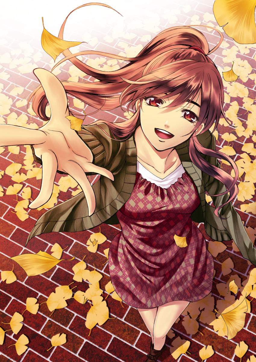 1girl, absurdres, arm_up, brown_hair, brown_jacket, day, dress, floating_hair