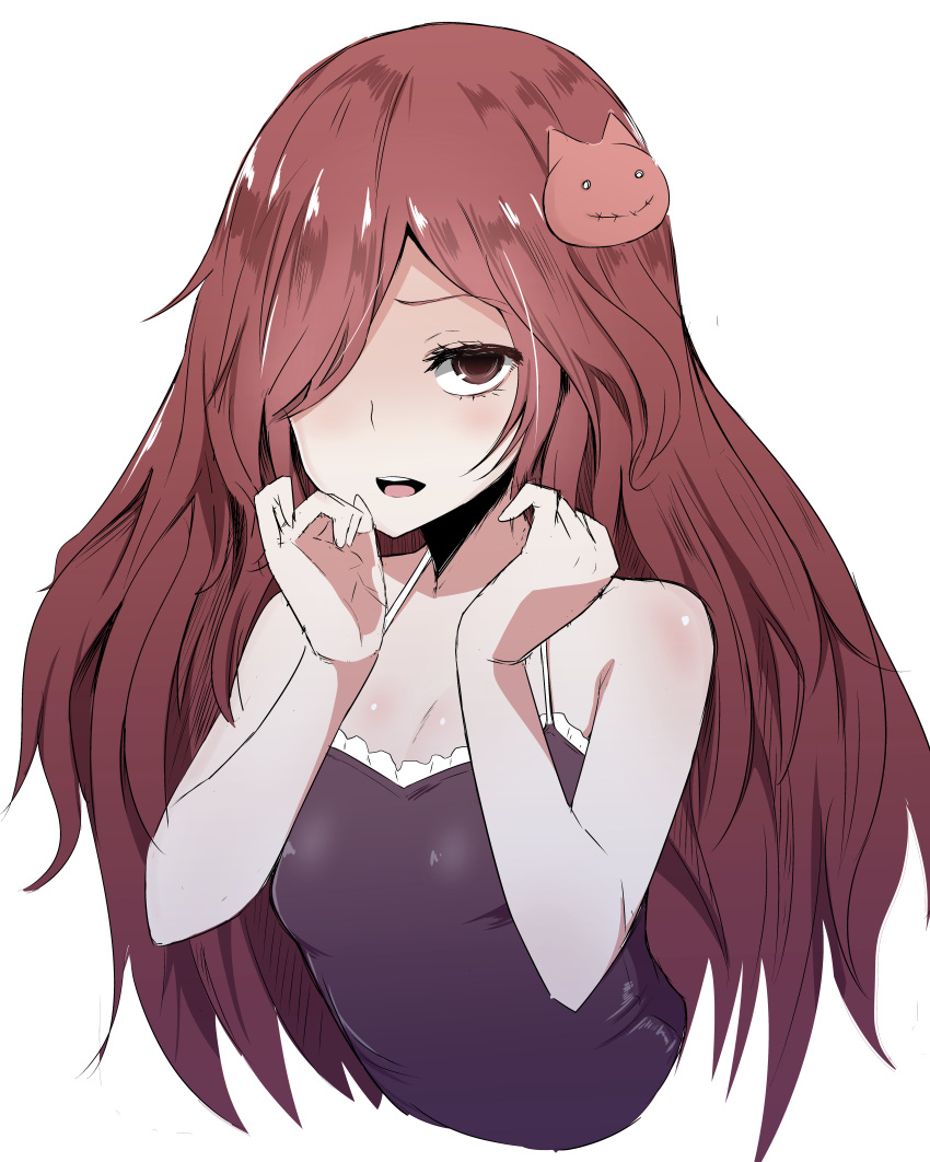 1girl, absurdres, anna_(granblue_fantasy), bare_arms, breasts, brown_eyes, brown_hair, commentary_request, freedom_nakai, granblue_fantasy, hair_ornament, hair_over_one_eye, hands_up, highres, long_hair, looking_at_viewer, one_eye_covered, open_mouth, pale_skin, simple_background, small_breasts, solo, upper_body, white_background