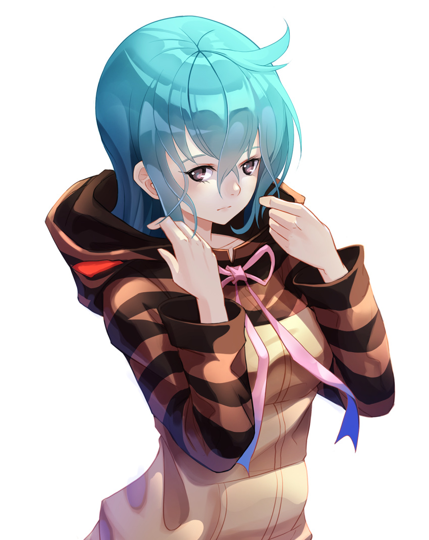 1girl, :/, aqua_hair, blush, ccd, closed_mouth, collarbone, hair_between_eyes