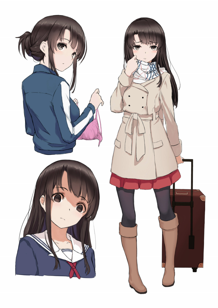 1girl, blue_jacket, blush, boots, bra, brown_boots, brown_coat, brown_eyes