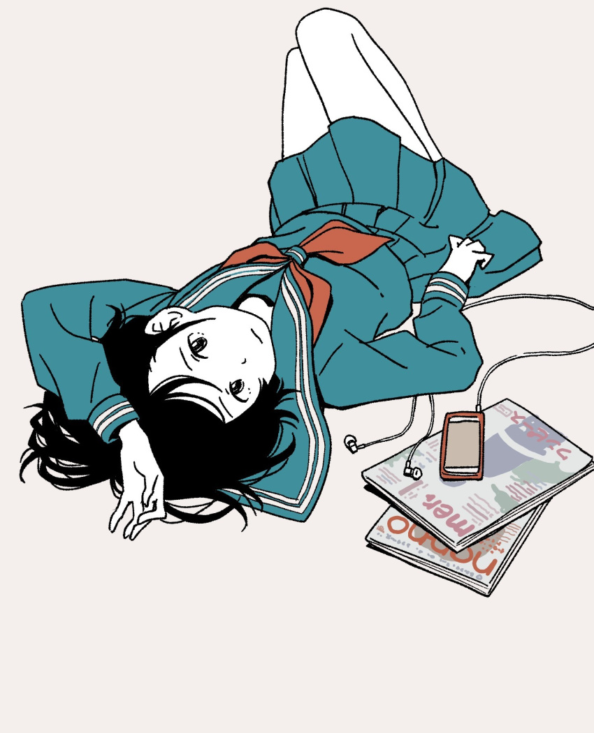 1girl, aqua_blouse, aqua_sailor_collar, aqua_shirt, aqua_skirt, black_eyes, black_hair, headphones