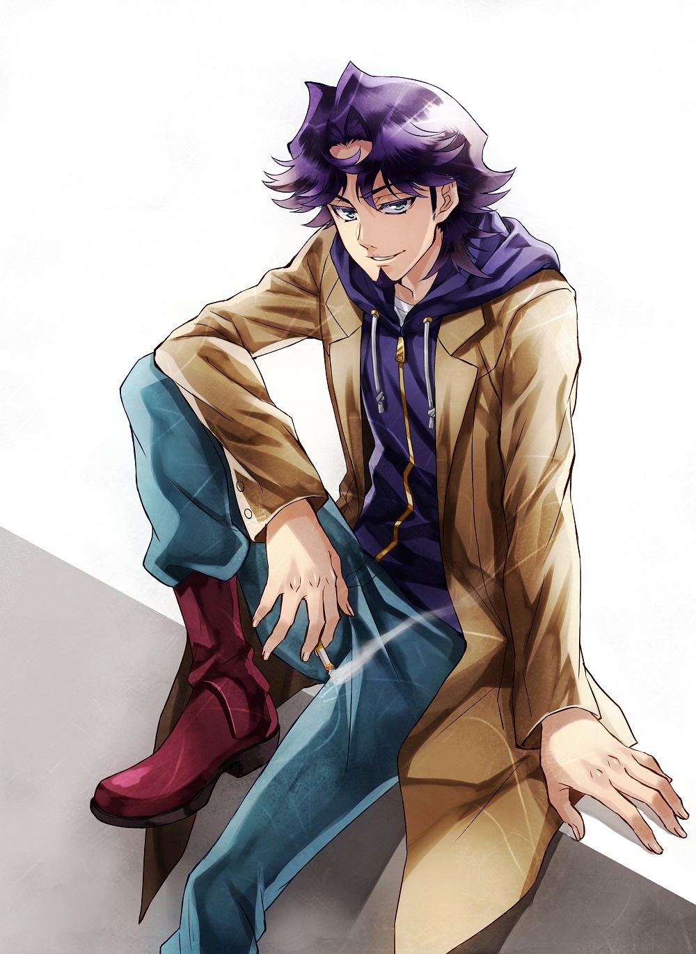 1boy, boots, cigarette, denim, facial_hair, goatee, grey_eyes, highres