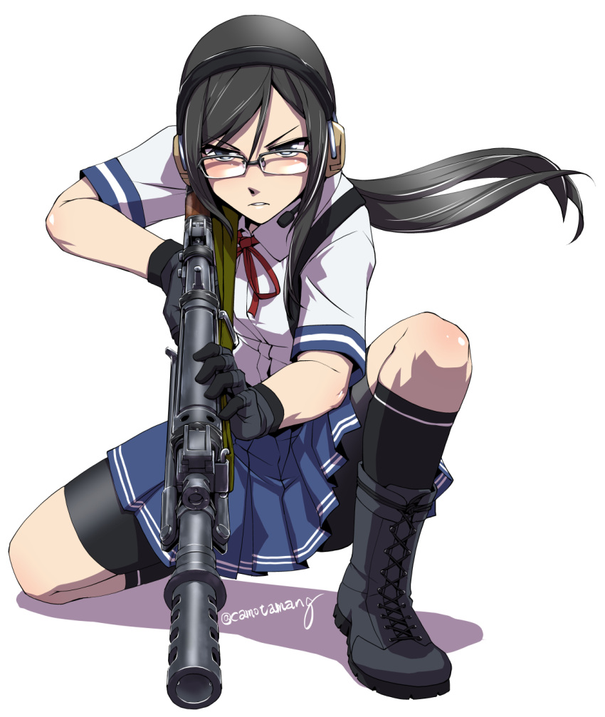 1girl, battle_rifle, bike_shorts, black_hair, black_legwear, glasses, gloves, gun