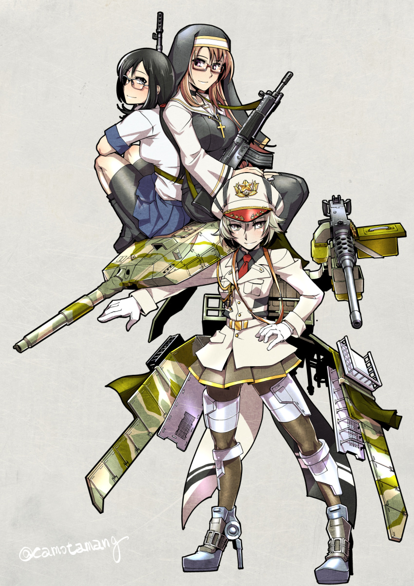 3girls, assault_rifle, battle_rifle, bike_shorts, black_hair, boots, breasts, brown_hair