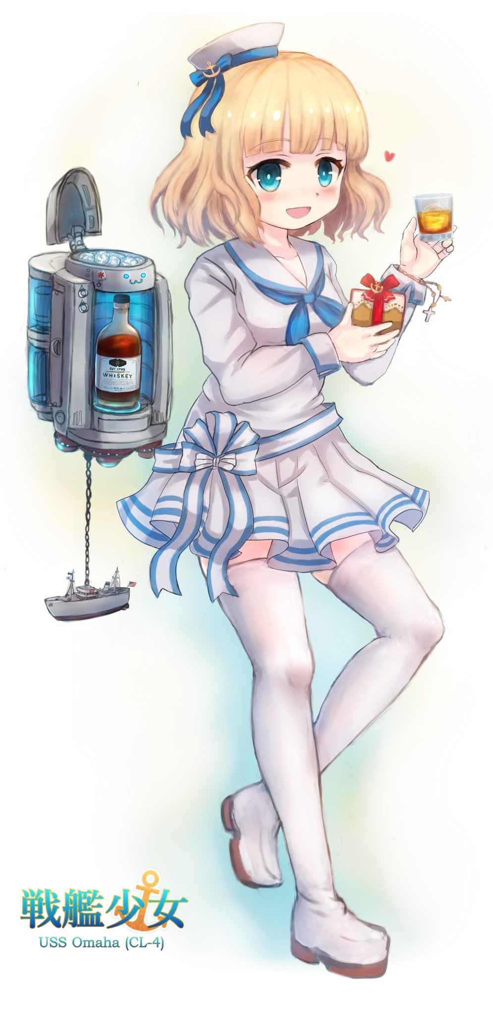 1girl, alcohol, blonde_hair, blue_eyes, blush, boots, bottle, character_name, cup, dress, drinking_glass, gift, hands_up, hat, heart, highres, holding, holding_glass, image_sample, in_container, in_refrigerator, long_sleeves, omaha_(zhan_jian_shao_nyu), one_leg_raised, open_mouth, pleated_skirt, refrigerator, sailor_collar, sash, short_dress, short_hair, simple_background, skirt, smile, solo, thigh-highs, thigh_boots, twitter_sample, whiskey, white_dress, white_hat, white_legwear, wine_bottle, wine_glass, yamimunemitsu, zhan_jian_shao_nyu