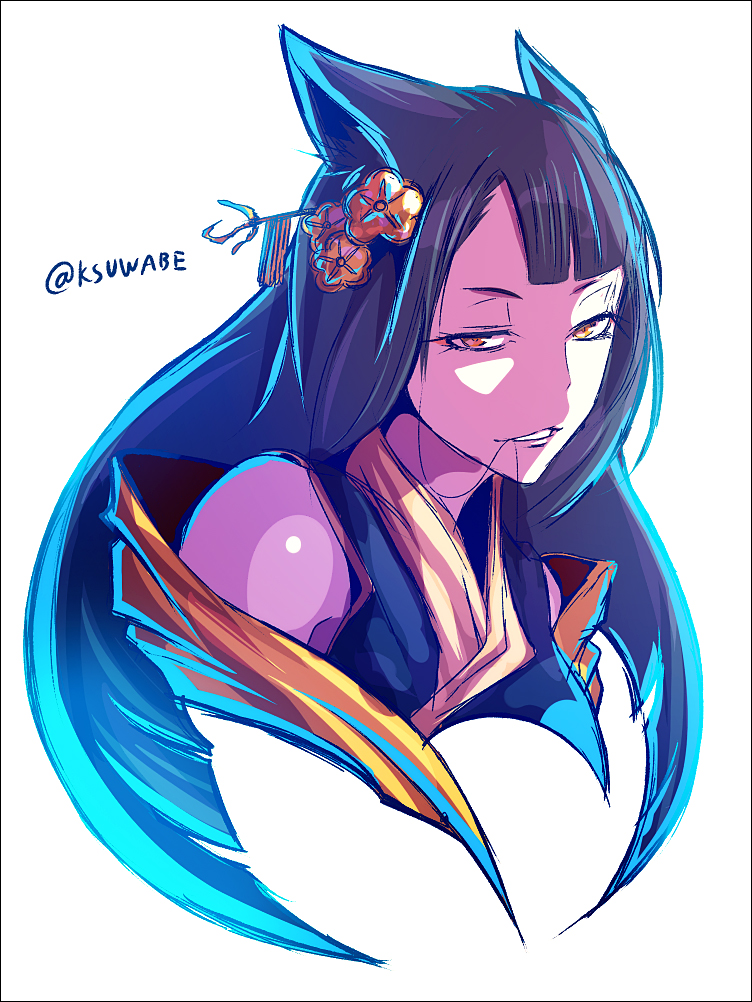 1girl, animal_ears, bangs, bare_shoulders, black_hair, flower, hair_flower, hair_ornament