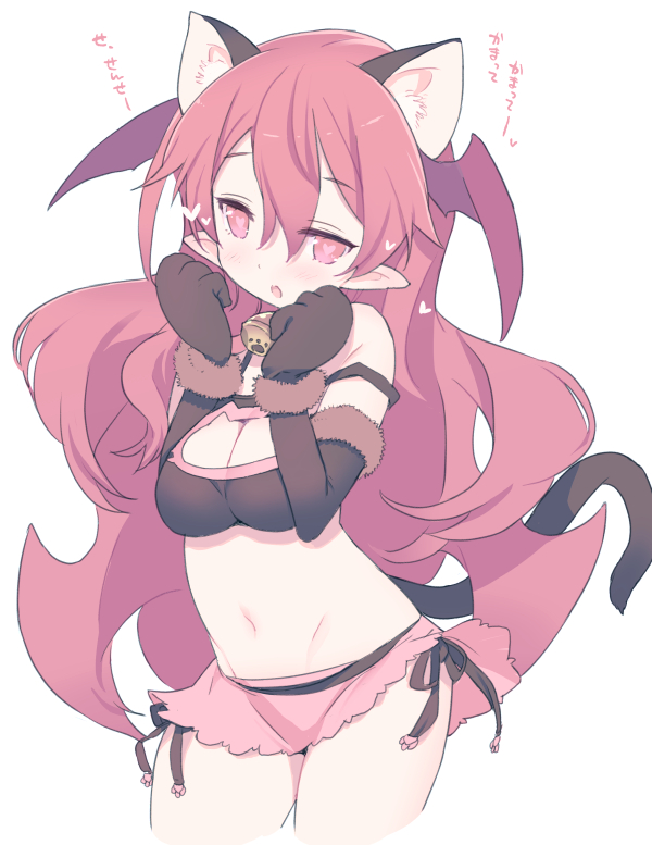 1girl, :o, animal_ears, bangs, black_gloves, black_panties, blade_(galaxist), blush, breasts, carrie_alberta, cat_cutout, cat_ears, cat_tail, cleavage, cleavage_cutout, cropped_legs, demon_girl, elbow_gloves, eyebrows_visible_through_hair, fang, gloves, hair_between_eyes, head_wings, heart, long_hair, looking_at_viewer, medium_breasts, microskirt, midriff, navel, open_mouth, panties, paws, pink_skirt, pointy_ears, pop-up_story, side-tie_panties, simple_background, skirt, solo, succubus, tail, translation_request, underwear, wavy_hair, white_background