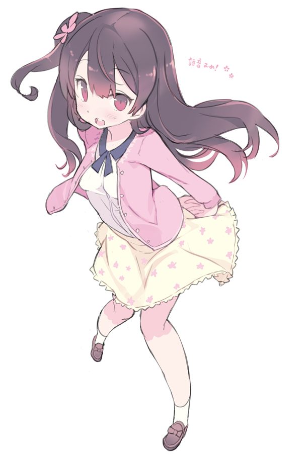 1girl, :d, arms_behind_back, bangs, blade_(galaxist), blouse, blush, brown_hair