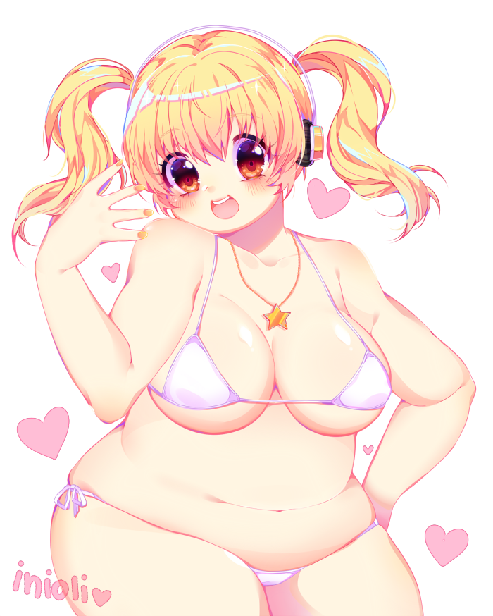 1girl, :d, artist_name, belly, bikini, blonde_hair, blush, breasts