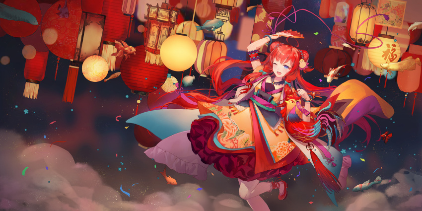 1girl, ;d, bird, blue_eyes, chicken, chinese_lantern, confetti, criin_(659503)