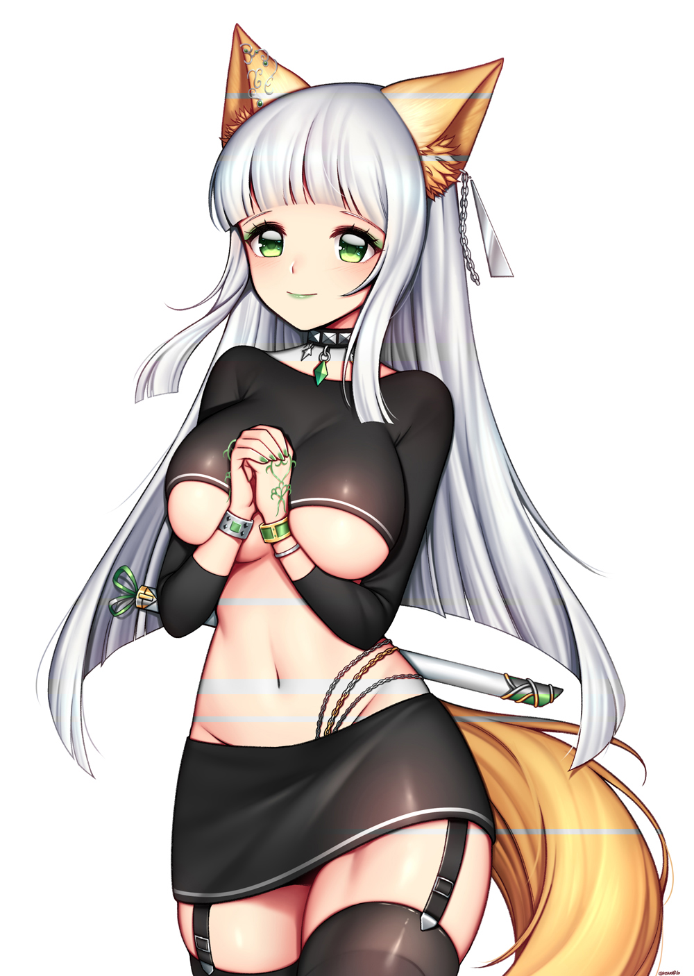 1girl, animal_ears, bangs, black_collar, black_legwear, black_shirt, black_skirt, blunt_bangs