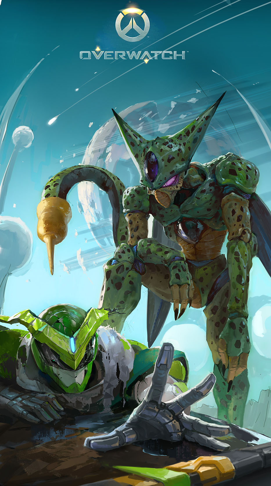 2boys, armor, blue_sky, cell_(dragon_ball), copyright_name, crossover, cyborg, dragon_ball, dragonball_z, genji_(overwatch), helmet, highres, male_focus, monster, mu_ye_jun, multiple_boys, outstretched_hand, overwatch, power_armor, purple_sclera, sky, slit_pupils, tail