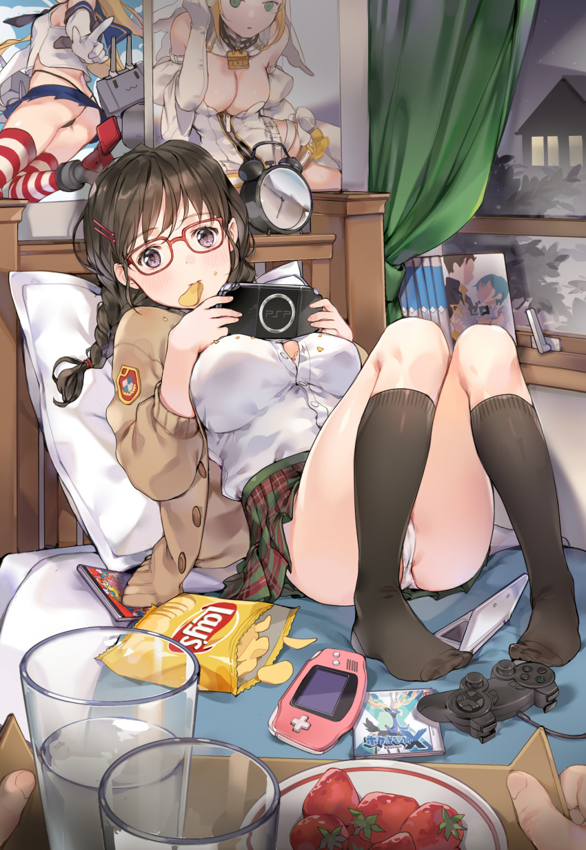 10s, 1girl, alarm_clock, ass, bed, bed_sheet, black_hair, black_legwear, breasts, chips, cleavage, clock, cup, drinking_glass, elbow_gloves, eyebrows_visible_through_hair, fate/extra, fate/extra_ccc, fate_(series), feet, food, food_in_mouth, fruit, game_boy_advance, glasses, gloves, hair_ornament, hairclip, handheld_game_console, highres, kantai_collection, kneehighs, large_breasts, lay's, looking_at_viewer, natsuki_subaru, nintendo_ds, no_shoes, on_bed, original, panties, pantyshot, pillow, plaid, plaid_skirt, playing_games, playstation_controller, playstation_portable, pokemon, pokemon_(game), pokemon_xy, poster, potato_chips, pov, pov_hands, re:zero_kara_hajimeru_isekai_seikatsu, rem_(re:zero), rensouhou-chan, saber_bride, saber_extra, shimakaze_(kantai_collection), skirt, socks, strawberry, sweater_vest, tom_sun, underwear, uniform, violet_eyes, white_panties, window, window_shade