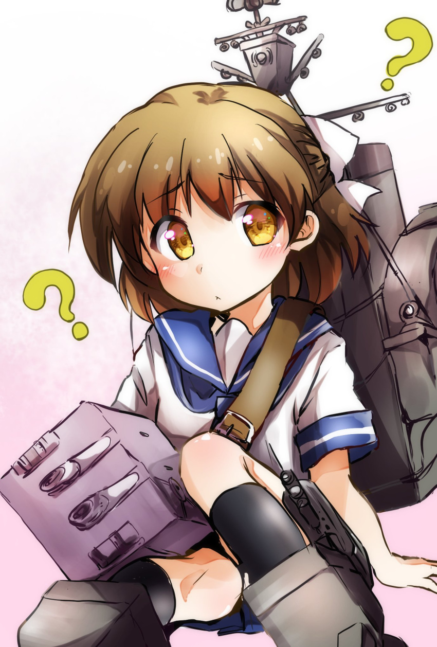1girl, ?, blue_neckerchief, blue_sailor_collar, blue_skirt, bow, brown_eyes, brown_hair, ca2la, cannon, clannad, cosplay, hair_bow, highres, kantai_collection, machinery, mast, namesake, neckerchief, okazaki_ushio, pleated_skirt, school_uniform, serafuku, short_hair, sitting, skirt, smokestack, solo, turret, ushio_(kantai_collection), ushio_(kantai_collection)_(cosplay), white_bow
