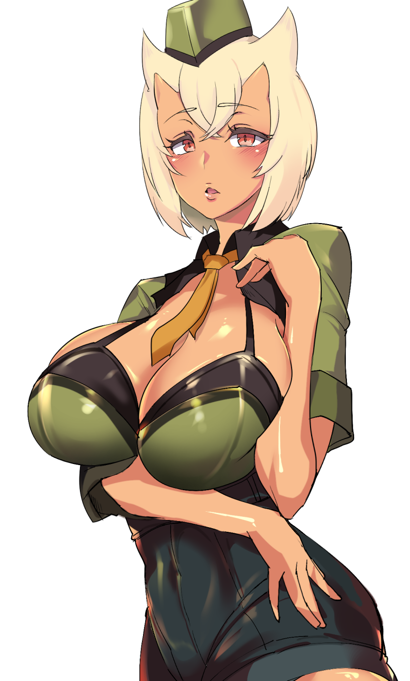 1girl, blonde_hair, blush, breast_hold, breasts, cleavage, covered_navel, destiny_child