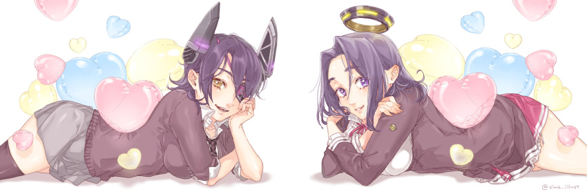 10s, 2girls, black_legwear, checkered, checkered_necktie, commentary, eyepatch, headgear