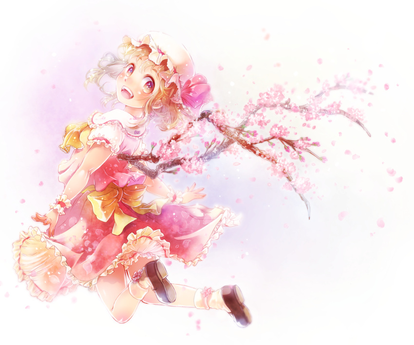 1girl, ascot, blonde_hair, blouse, blush, bow, cherry_blossoms, fangs