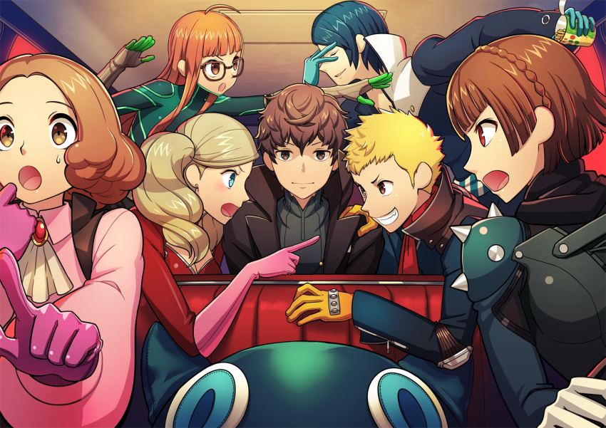 3boys, 4girls, car_interior, driving, kitagawa_yuusuke, kurusu_akira, megami_tensei, morgana_(persona_5)