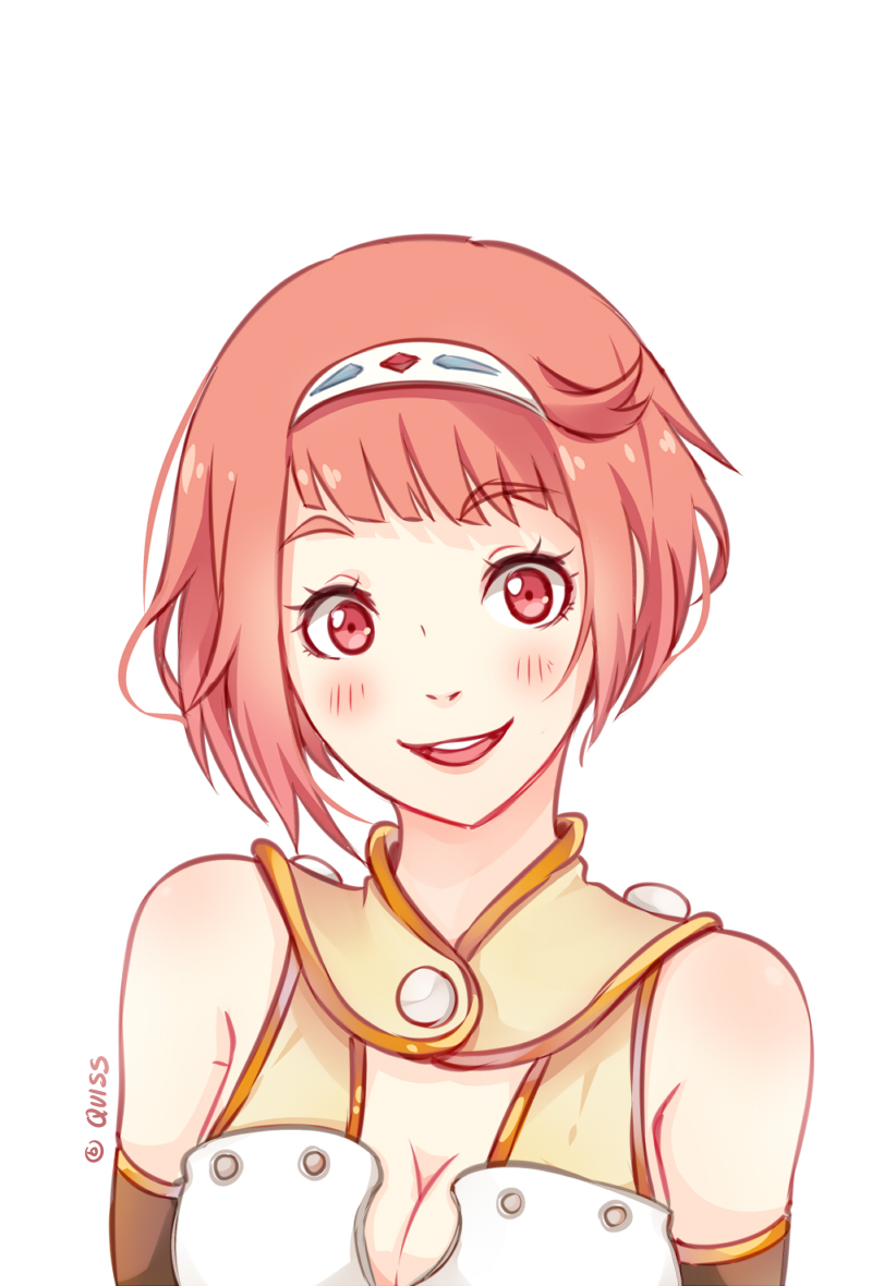 1girl, bare_shoulders, blush, breasts, cleavage, hairband, looking_at_viewer, medium_breasts
