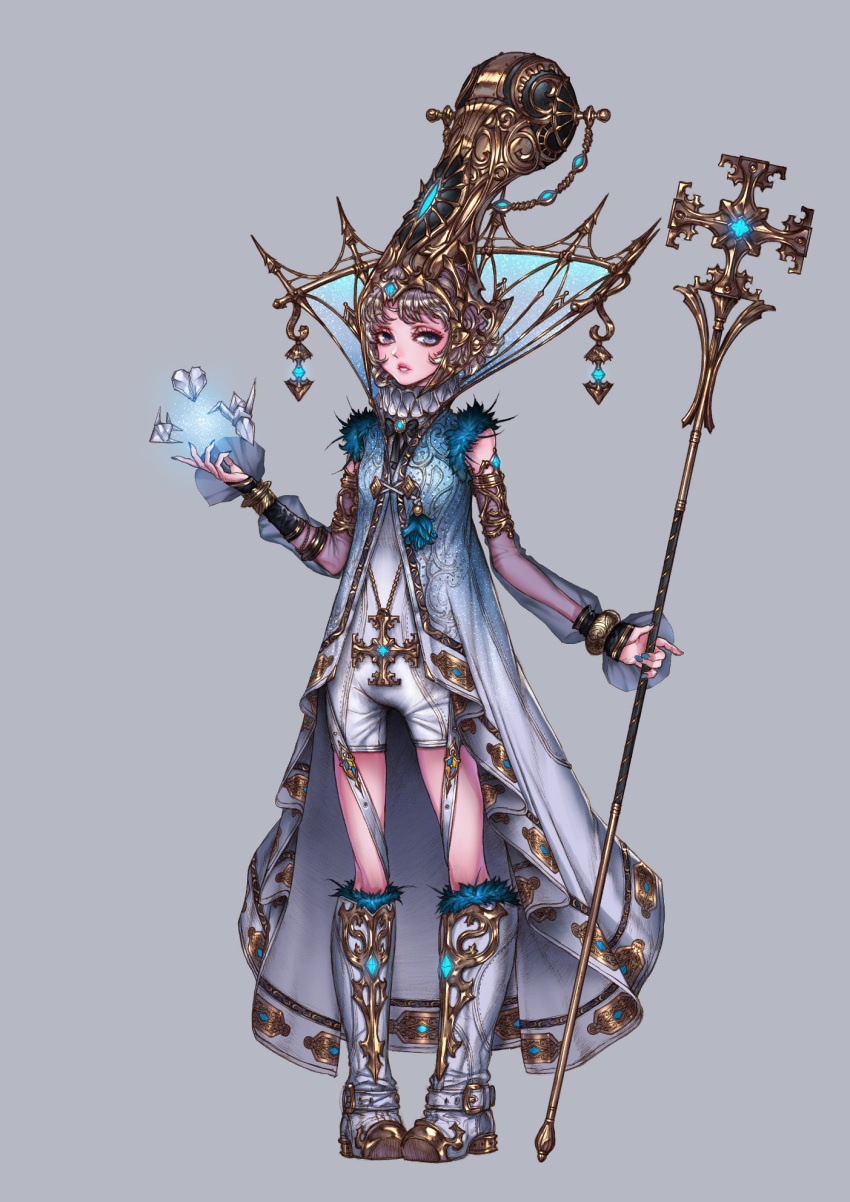 1girl, armlet, asker_online, blue_nails, boots, bracelet, collar, cross, cross_staff, crystal, full_body, grey_background, grey_boots, grey_eyes, grey_hair, headpiece, heart, highres, jewelry, looking_at_viewer, nail_polish, neck_ruff, origami, parted_lips, pope_john_viii, scepter, see-through, solo, staff, standing, white_clothes, woo_kim