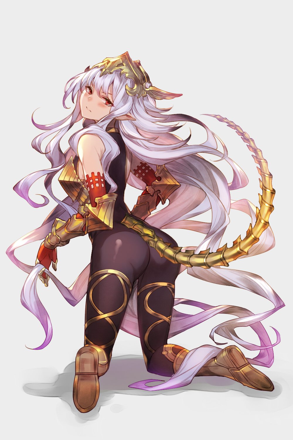 1girl, armor, bare_shoulders, bodysuit, elbow_gloves, gloves, granblue_fantasy, hair_ornament, highres, kakage_(kakage0904), kneeling, looking_back, medusa_(shingeki_no_bahamut), pointy_ears, red_eyes, shingeki_no_bahamut, solo, tail, white_hair