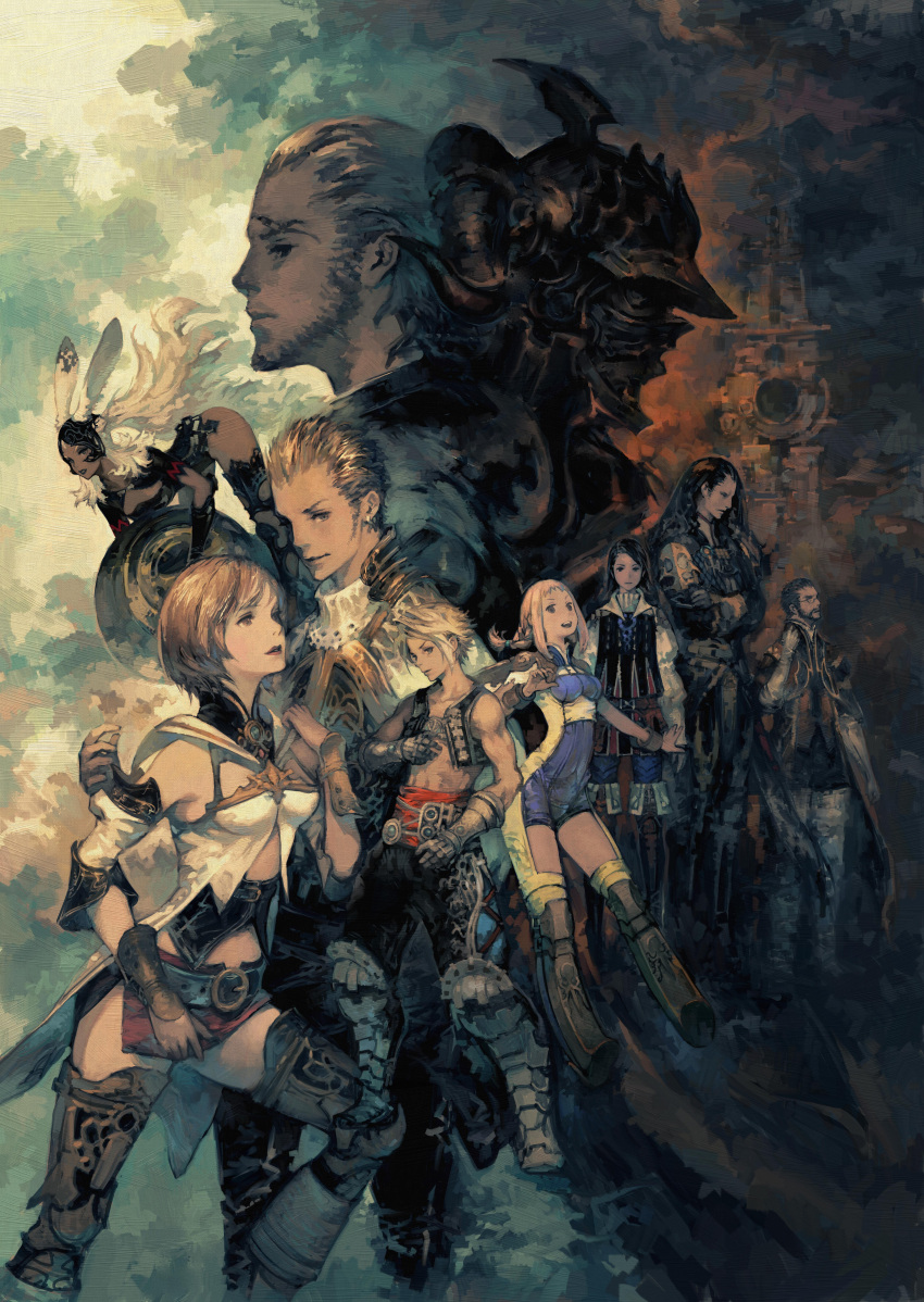3girls, 6+boys, abs, absurdres, animal_ears, armor, ashelia_b'nargin_dalmasca, balflear