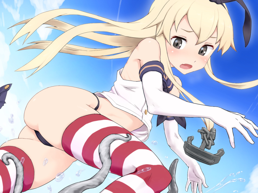 10s, 1girl, anchor_hair_ornament, bare_shoulders, black_panties, blonde_hair, crop_top, elbow_gloves