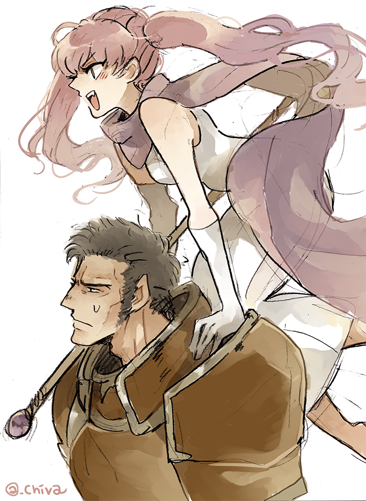 1boy, 1girl, armor, artist_name, bare_shoulders, breasts, chiva_(wonderworldwood), dress