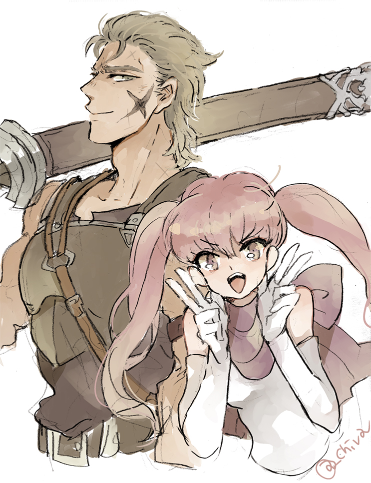 1boy, 1girl, artist_name, bare_shoulders, belt, breasts, chiva_(wonderworldwood), cross_scar