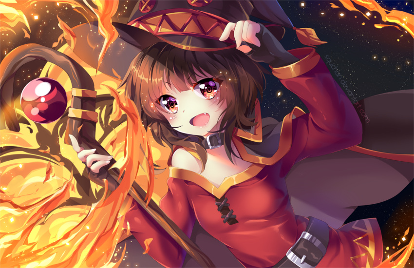 >:d, 1girl, :d, arm_up, belt, belt_buckle, black_gloves, black_hat