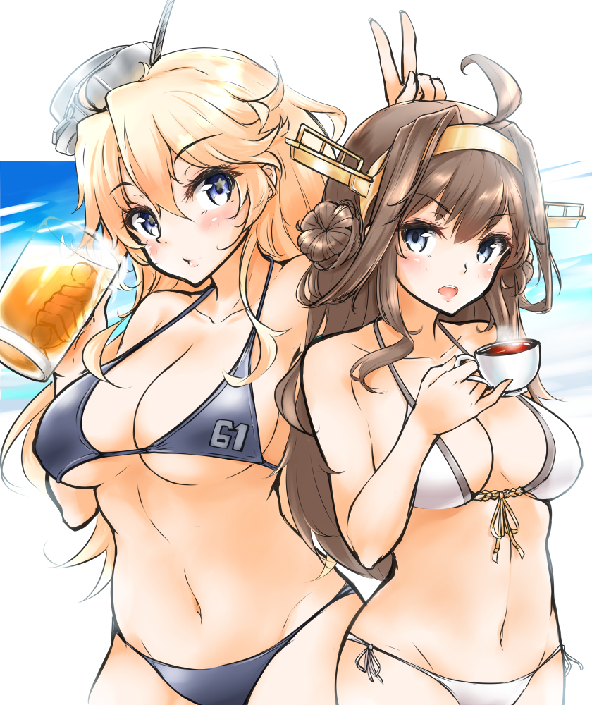 10s, 2girls, ahoge, alcohol, beer, beer_mug, bikini, black_bikini