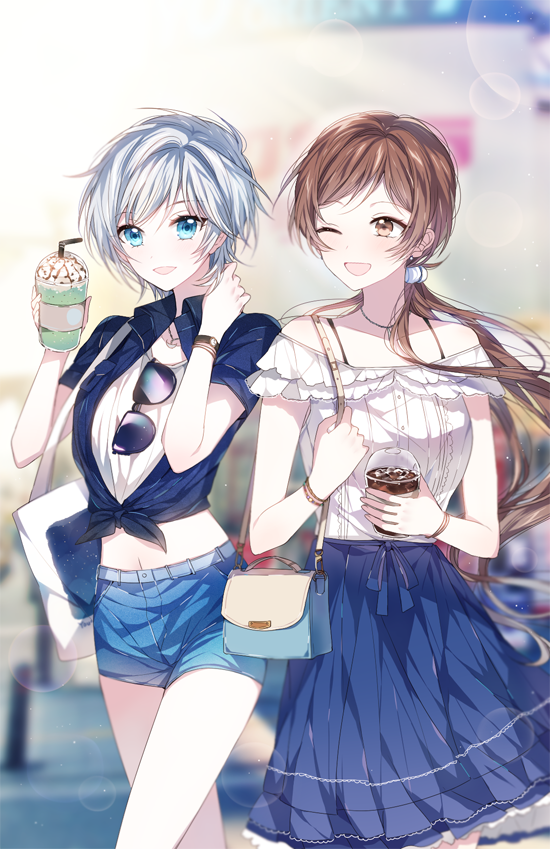 2girls, anastasia_(idolmaster), bag, blue_eyes, brown_eyes, brown_hair, frappuccino, idolmaster
