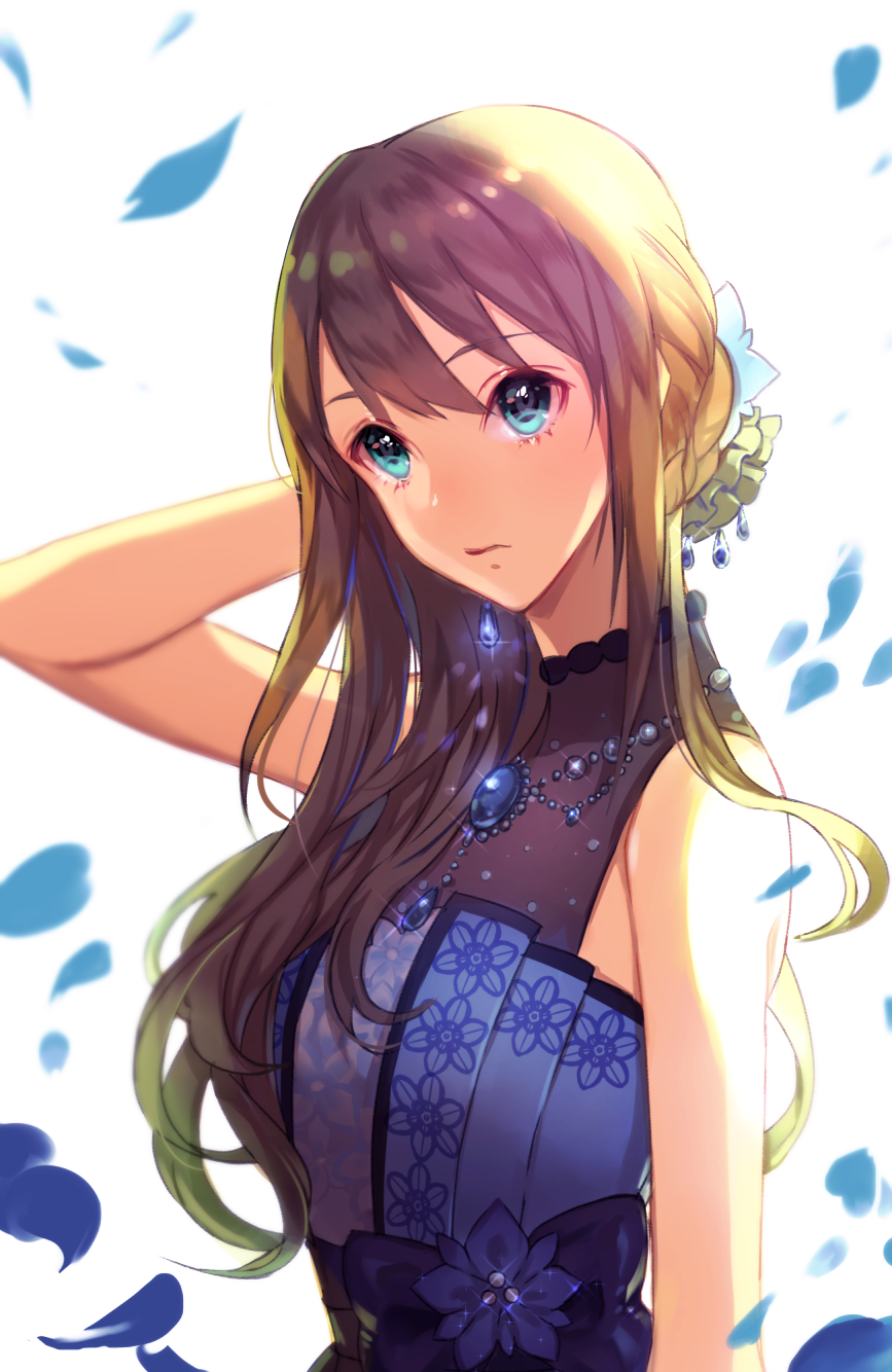 1girl, blue_dress, brown_hair, commentary_request, dress, earrings, green_eyes, highres, idolmaster, idolmaster_cinderella_girls, idolmaster_cinderella_girls_starlight_stage, jewelry, long_hair, necklace, petals, shibuya_rin, solo, white_background, zzebra