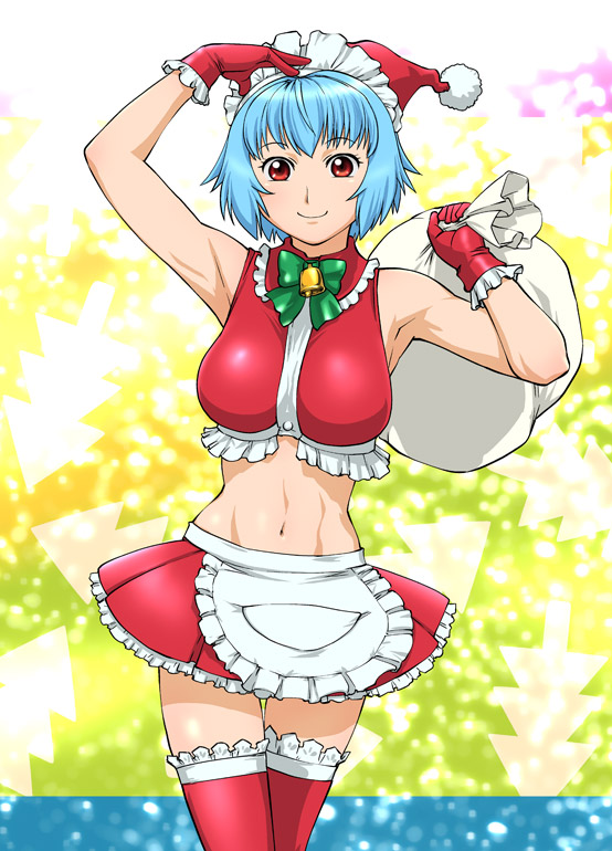 blue_hair, christmas, dorae_tachibana_doryayev, gloves, hat, midriff, miniskirt, navel, red_eyes, santa, santa_costume, short_hair, skirt, smile, solo, tank_top, thigh-highs, thighhighs, tsumanuda_fight_town, ueyama_michirou