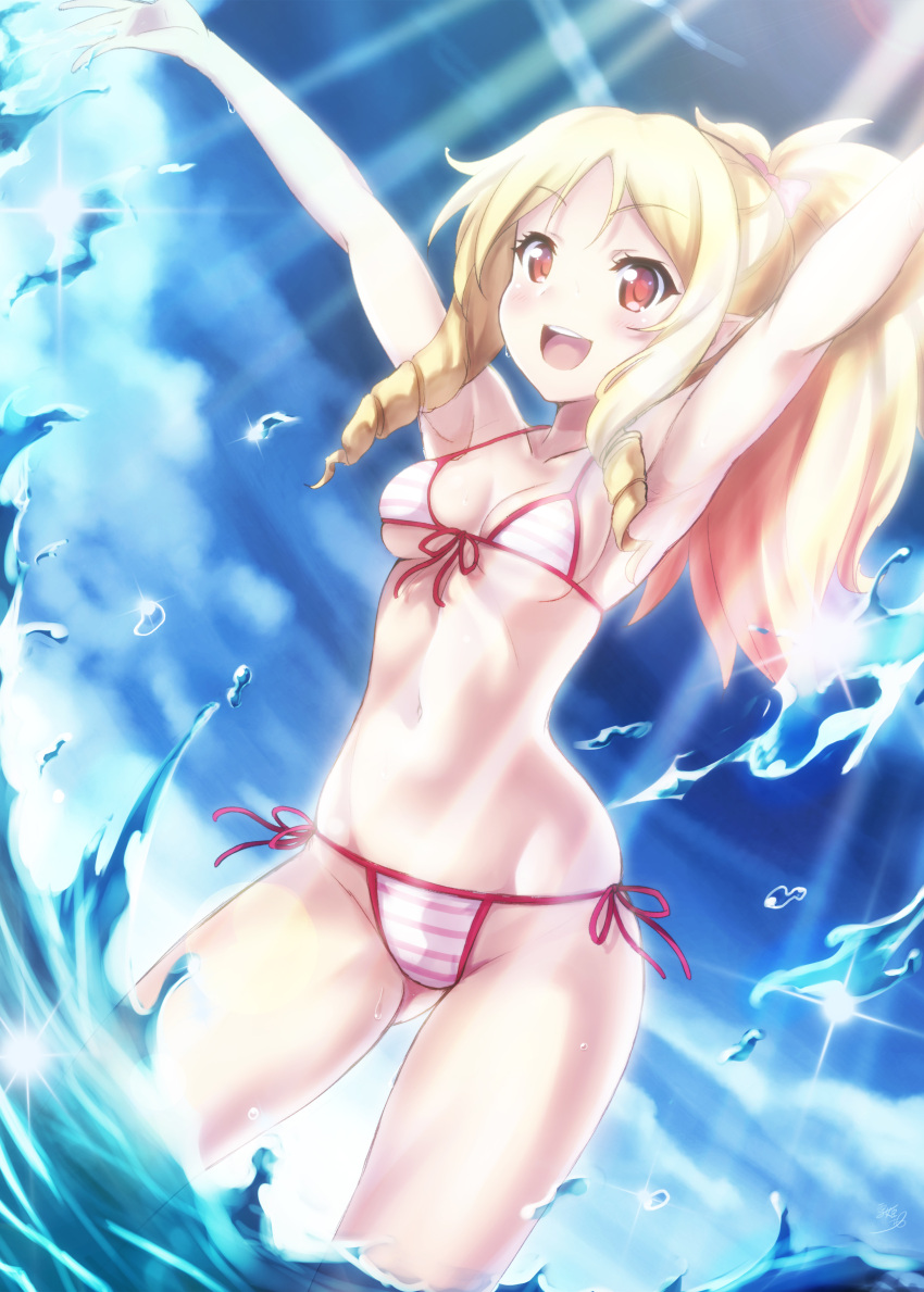 1girl, :d, absurdres, armpits, arms_up, bikini, blonde_hair, blush